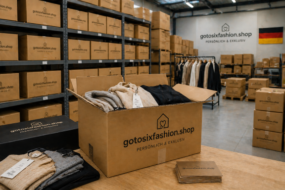 Karton mit Kleidung in einem Lager voller verpackter Kisten und Regale.